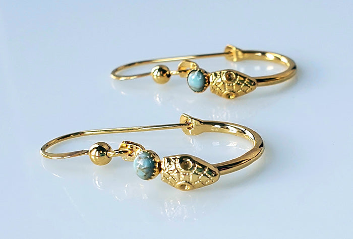 Snake hoop earrings gold plated & turquoise stone. Handcrafted.